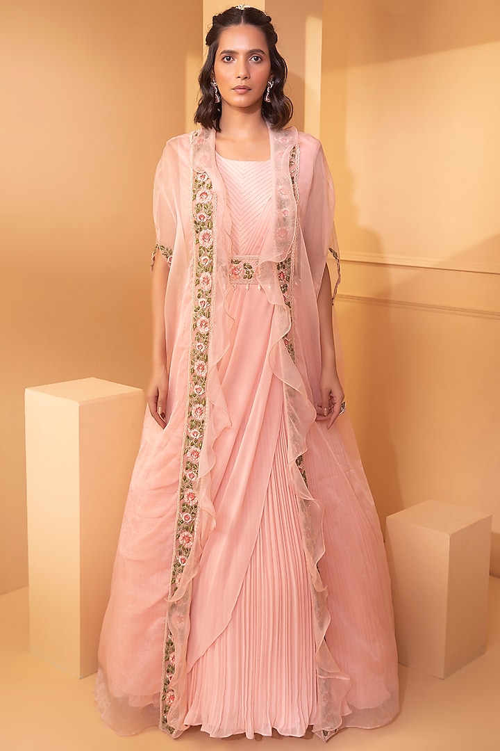 Peach Georgette Gown With Cape by Miku Kumar