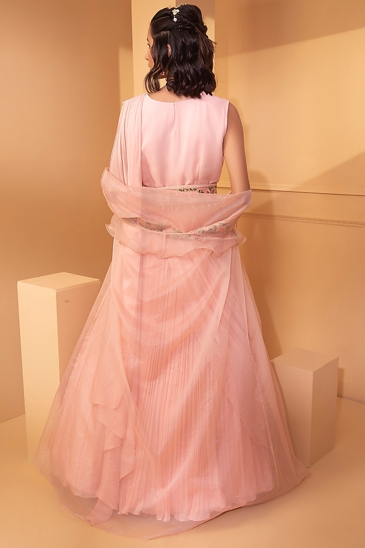 Peach Georgette Engagement Gown With Cape by Miku Kumar at Pernia's Pop Up Shop