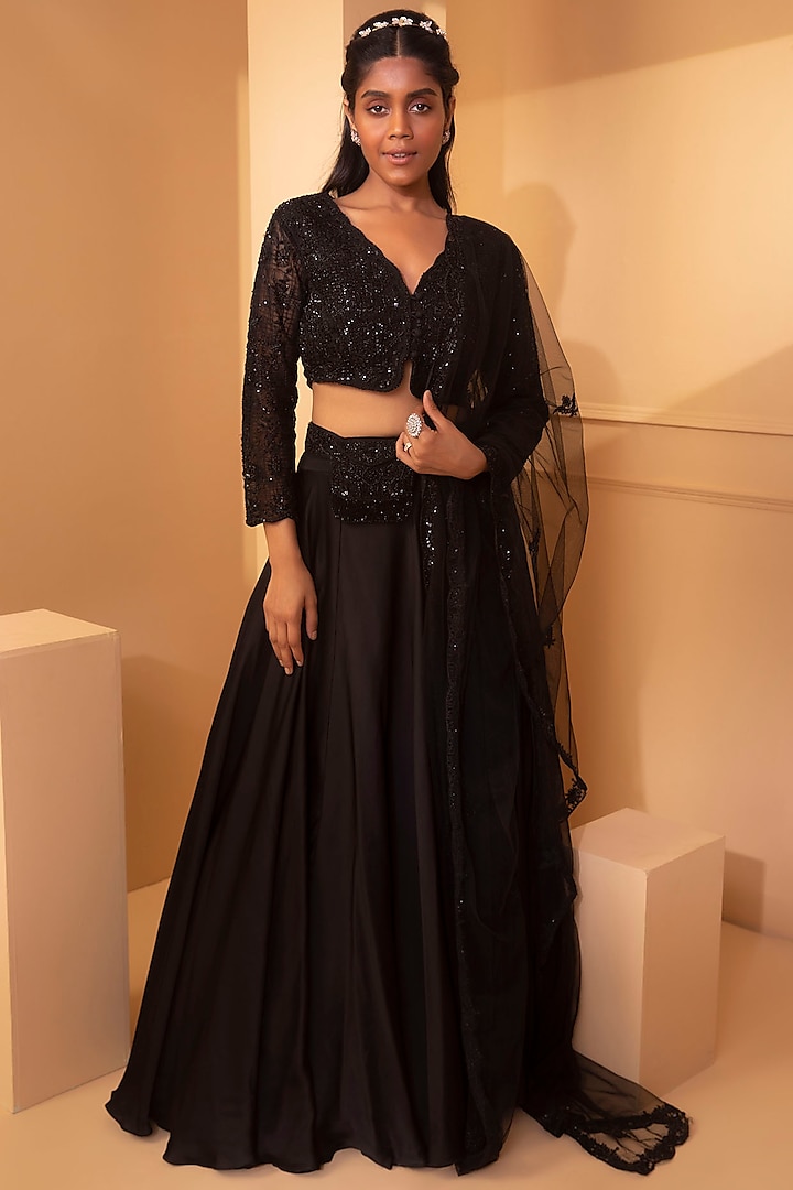 Black Satin Organza Wedding Lehenga Set by Miku Kumar at Pernia's Pop Up Shop