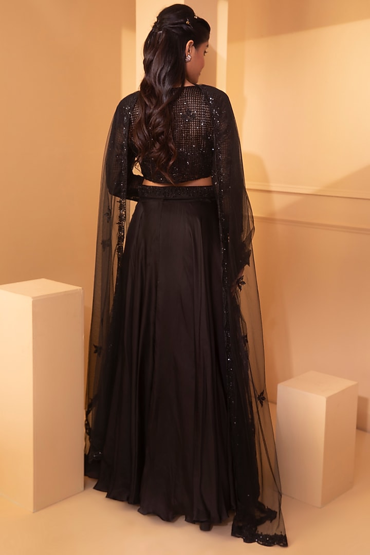 Black Satin Organza Wedding Lehenga Set by Miku Kumar at Pernia's Pop Up Shop