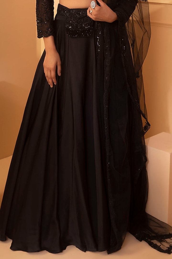 Black Satin Organza Wedding Lehenga Set by Miku Kumar at Pernia's Pop Up Shop
