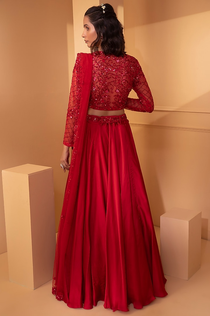 Red Embroidered Wedding Lehenga Set by Miku Kumar at Pernia's Pop Up Shop