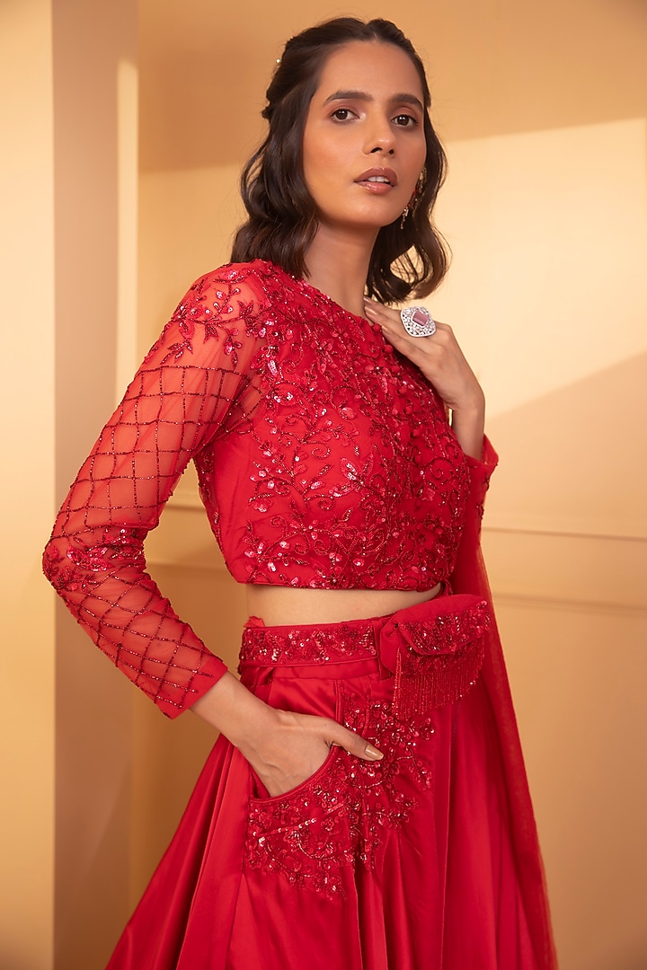 Red Embroidered Wedding Lehenga Set by Miku Kumar at Pernia's Pop Up Shop