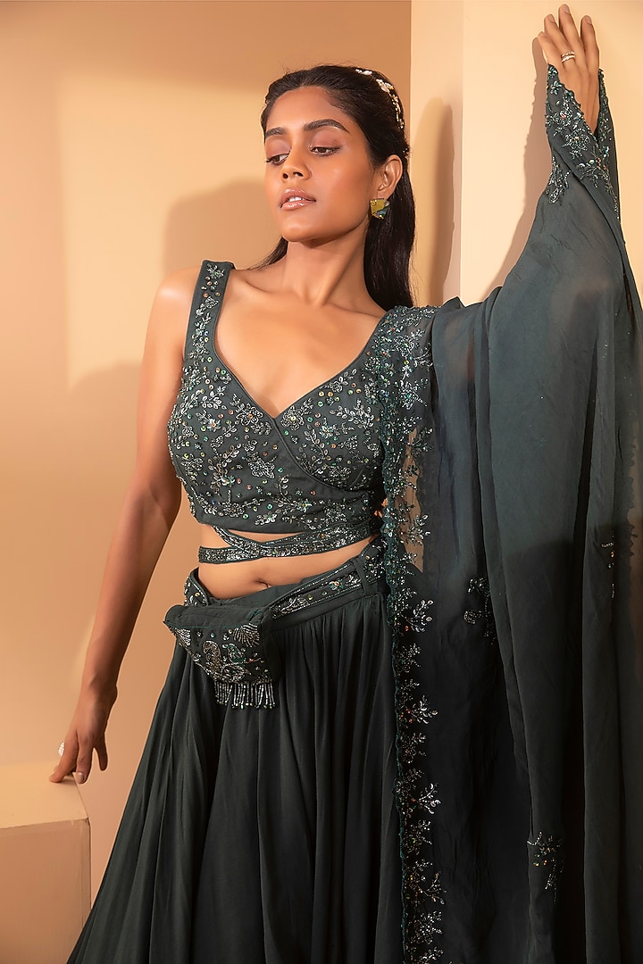 Military Green Embroidered Wedding Lehenga Set by Miku Kumar at Pernia's Pop Up Shop