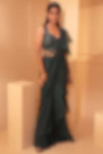 Military Green Georgette Draped Wedding Saree Set by Miku Kumar at Pernia's Pop Up Shop