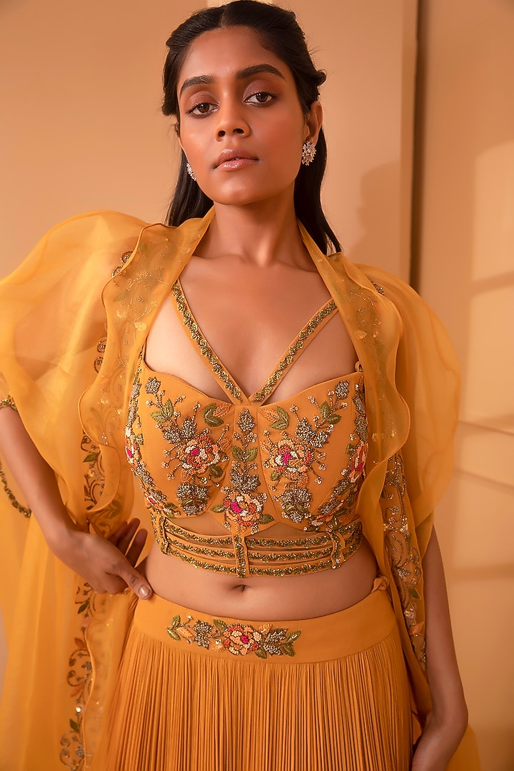 Orange Yellow Embroidered Wedding Lehenga Set by Miku Kumar at Pernia's Pop Up Shop