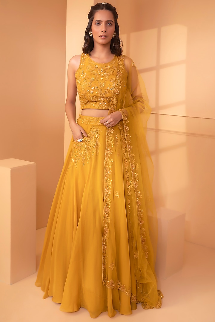 Mustard Yellow Embroidered Wedding Lehenga Set by Miku Kumar at Pernia's Pop Up Shop