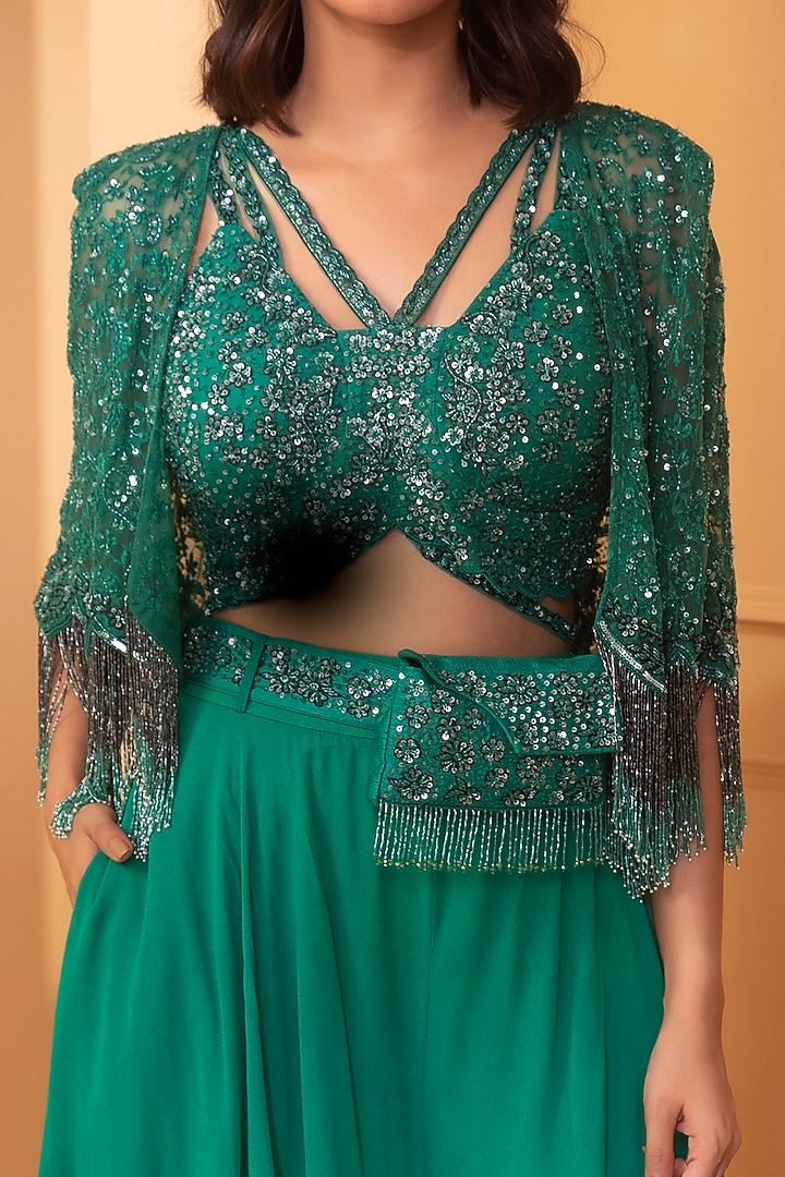 Emerald Green Embroidered Pant Set by Miku Kumar at Pernia's Pop Up Shop