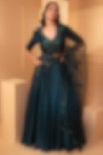 Teal Green Embroidered Wedding Lehenga Set by Miku Kumar at Pernia's Pop Up Shop