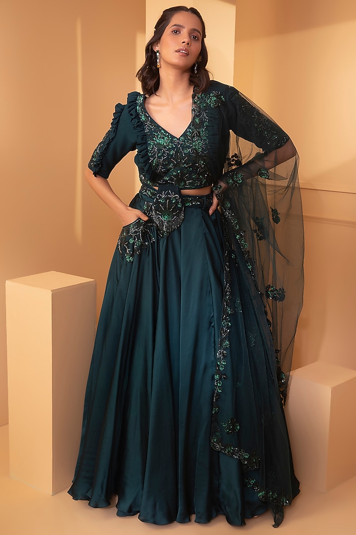 Teal Green Embroidered Wedding Lehenga Set by Miku Kumar at Pernia's Pop Up Shop