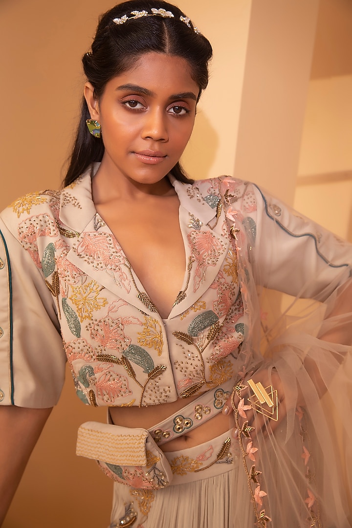 Ivory Embroidered Wedding Lehenga Set by Miku Kumar at Pernia's Pop Up Shop