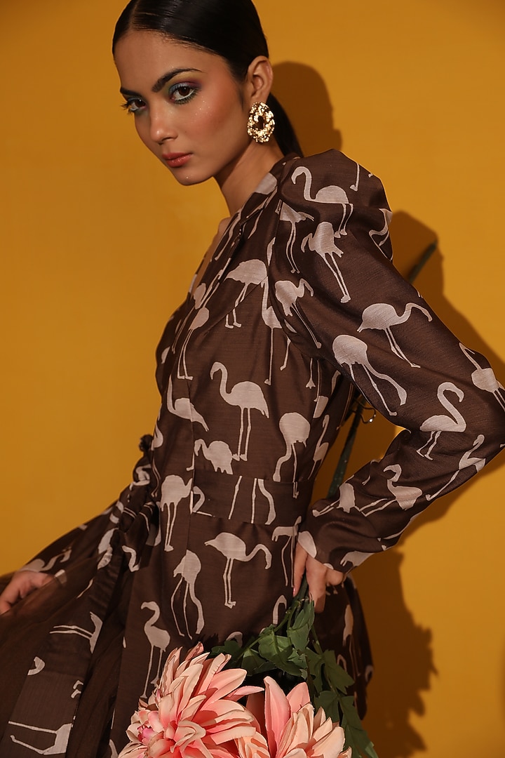 Brown Net Flared Skirt Set by Miku Kumar at Pernia's Pop Up Shop