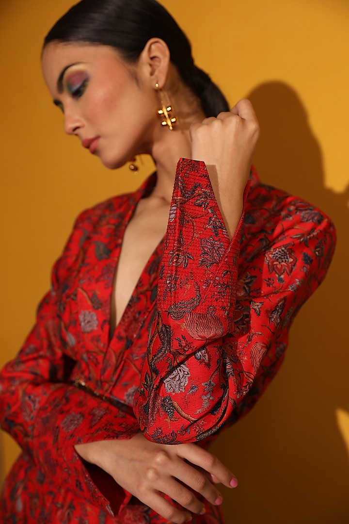 Red Printed Jacket Set  by Miku Kumar at Pernia's Pop Up Shop