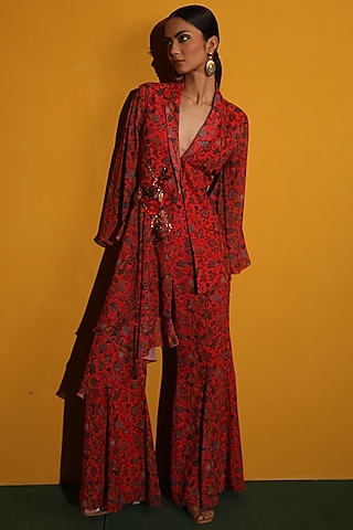 Red Georgette Asymmetrical Jacket Set by Miku Kumar
