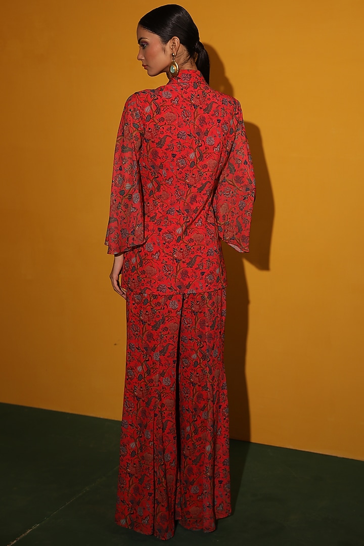 Red Georgette Asymmetrical Jacket Set by Miku Kumar at Pernia's Pop Up Shop