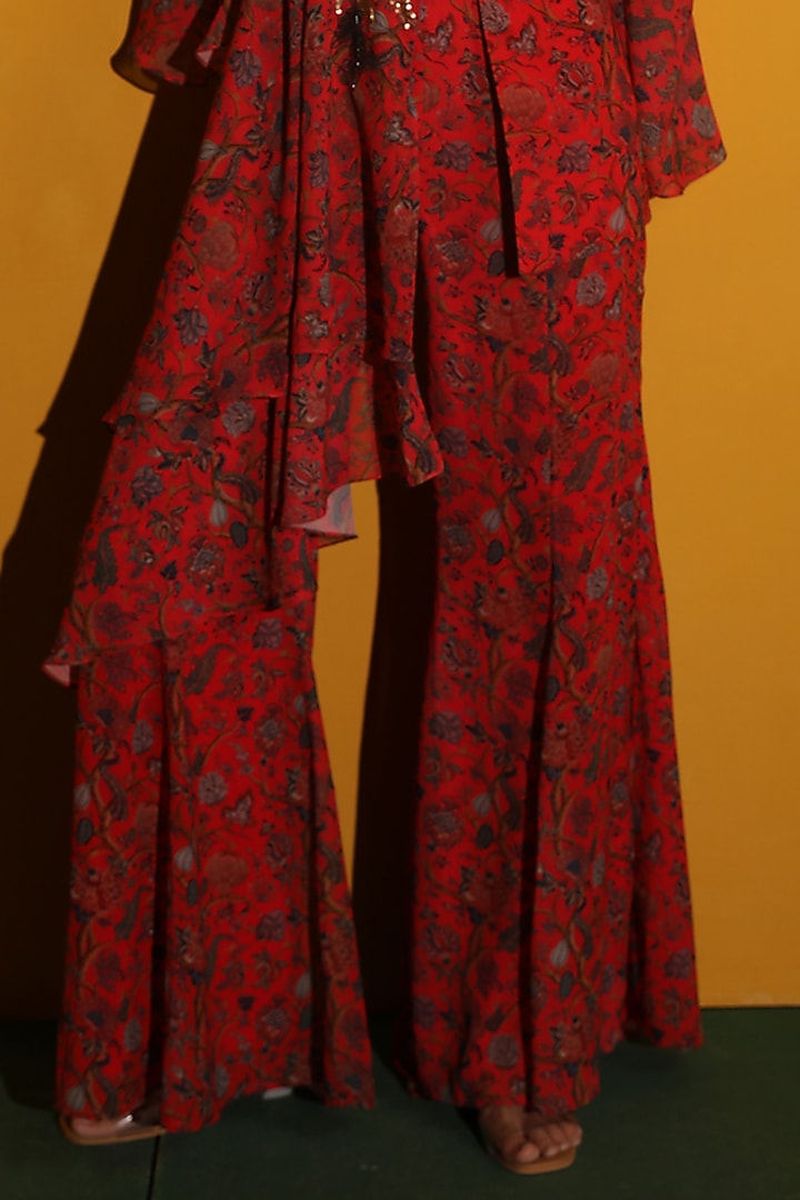 Red Georgette Asymmetrical Jacket Set by Miku Kumar at Pernia's Pop Up Shop