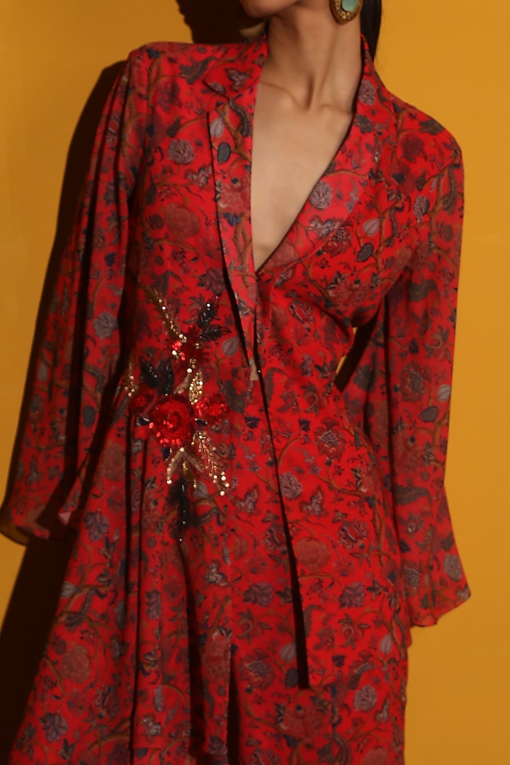 Red Georgette Asymmetrical Jacket Set by Miku Kumar at Pernia's Pop Up Shop