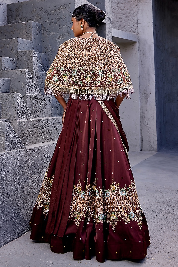 Brown Viscose Satin Organza & Net Embroidered Jacket Wedding Lehenga Set by Miku Kumar at Pernia's Pop Up Shop