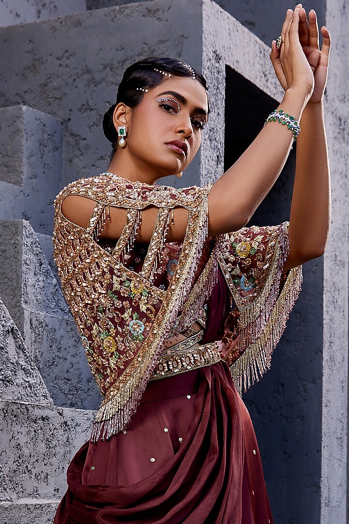 Brown Viscose Satin Organza & Net Embroidered Jacket Wedding Lehenga Set by Miku Kumar at Pernia's Pop Up Shop