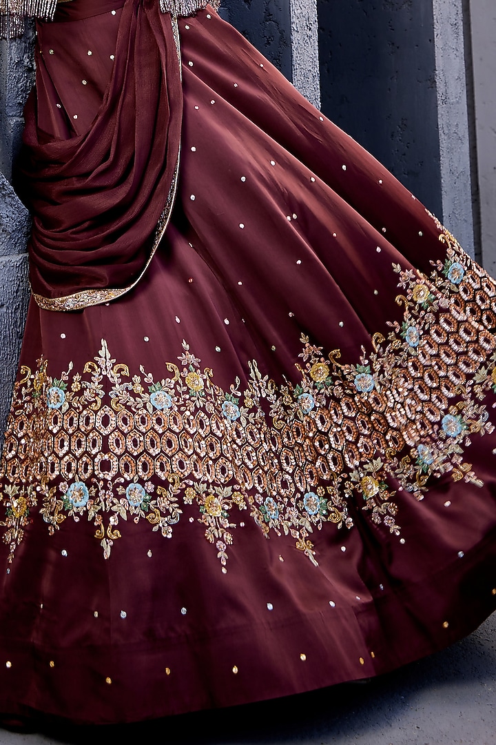 Brown Viscose Satin Organza & Net Embroidered Jacket Wedding Lehenga Set by Miku Kumar at Pernia's Pop Up Shop