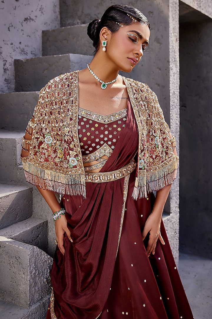 Brown Viscose Satin Organza & Net Embroidered Jacket Wedding Lehenga Set by Miku Kumar at Pernia's Pop Up Shop