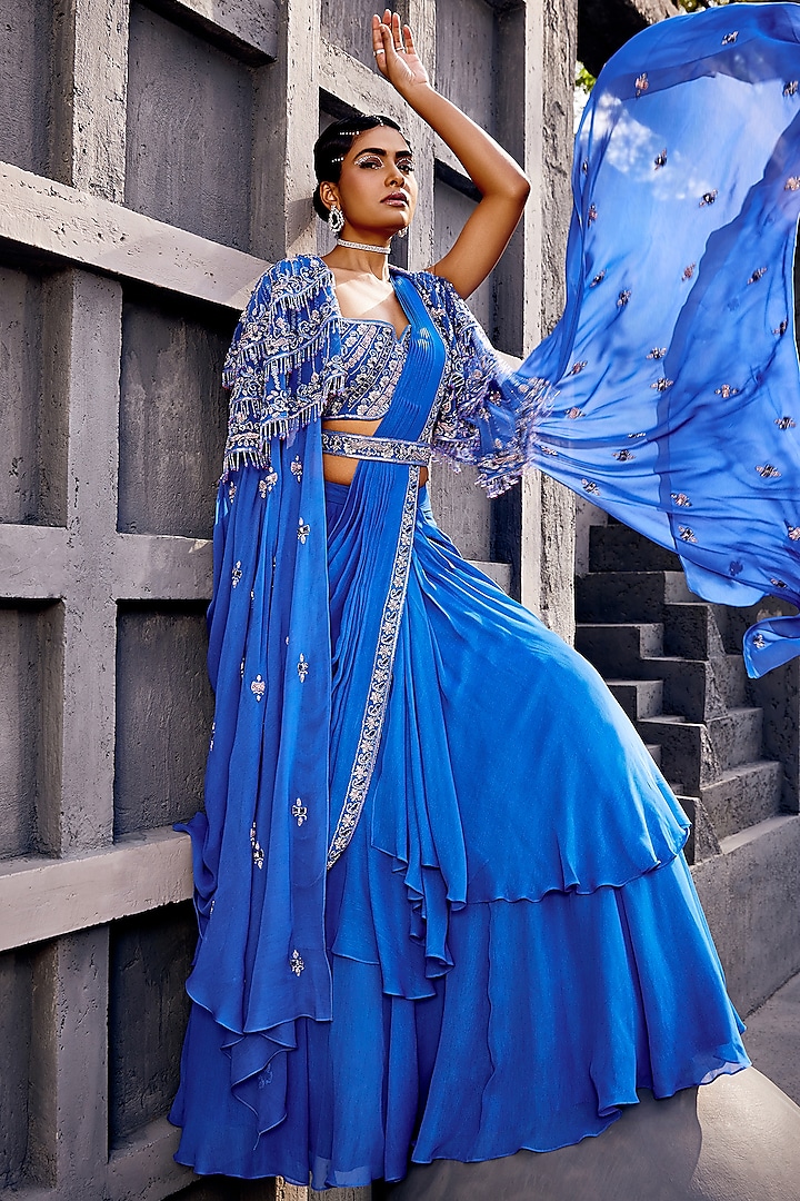 Blue Georgette Pre-Draped Lehenga Saree Set by Miku Kumar