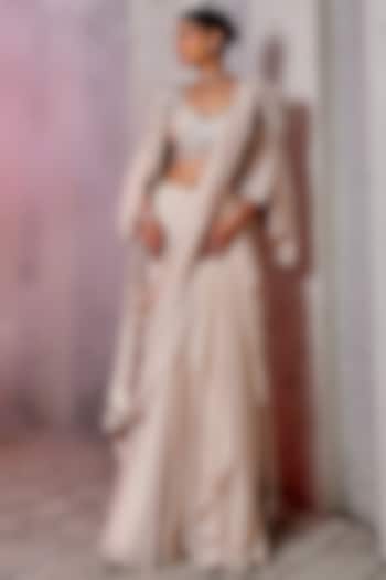 Ivory Viscose Satin Organza & Georgette Draped Reception Saree Set by Miku Kumar at Pernia's Pop Up Shop