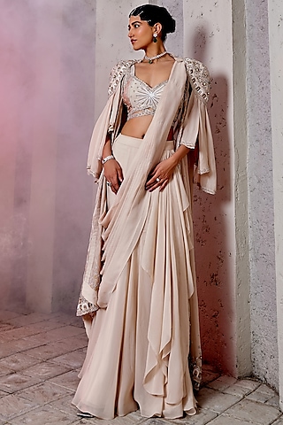 Ivory Viscose Satin Organza & Georgette Draped Saree Set by Miku Kumar