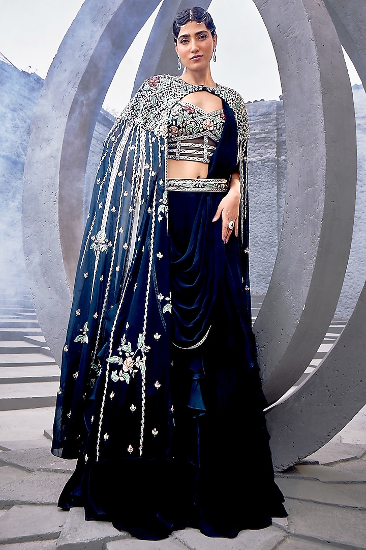 Black Georgette & Viscose Satin Organza Jacket Wedding Lehenga Set by Miku Kumar at Pernia's Pop Up Shop