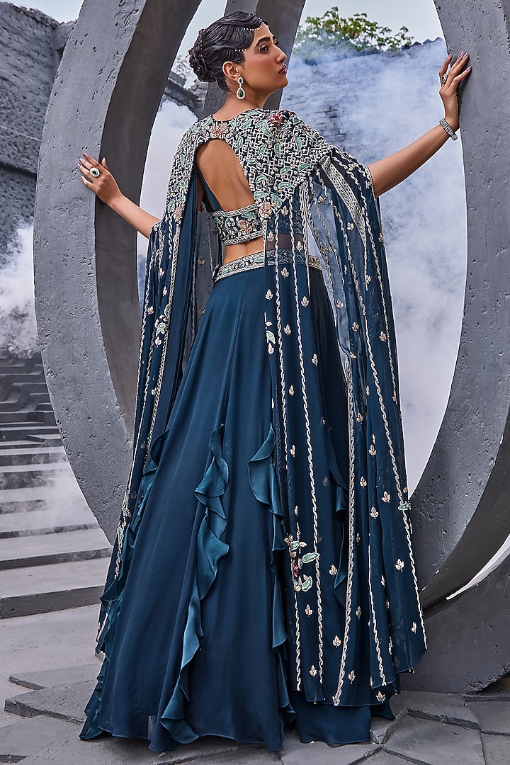 Black Georgette & Viscose Satin Organza Jacket Wedding Lehenga Set by Miku Kumar at Pernia's Pop Up Shop