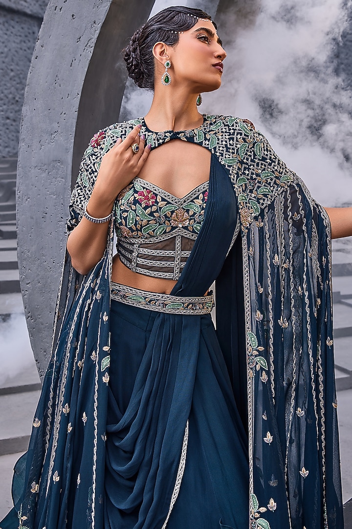 Black Georgette & Viscose Satin Organza Jacket Wedding Lehenga Set by Miku Kumar at Pernia's Pop Up Shop