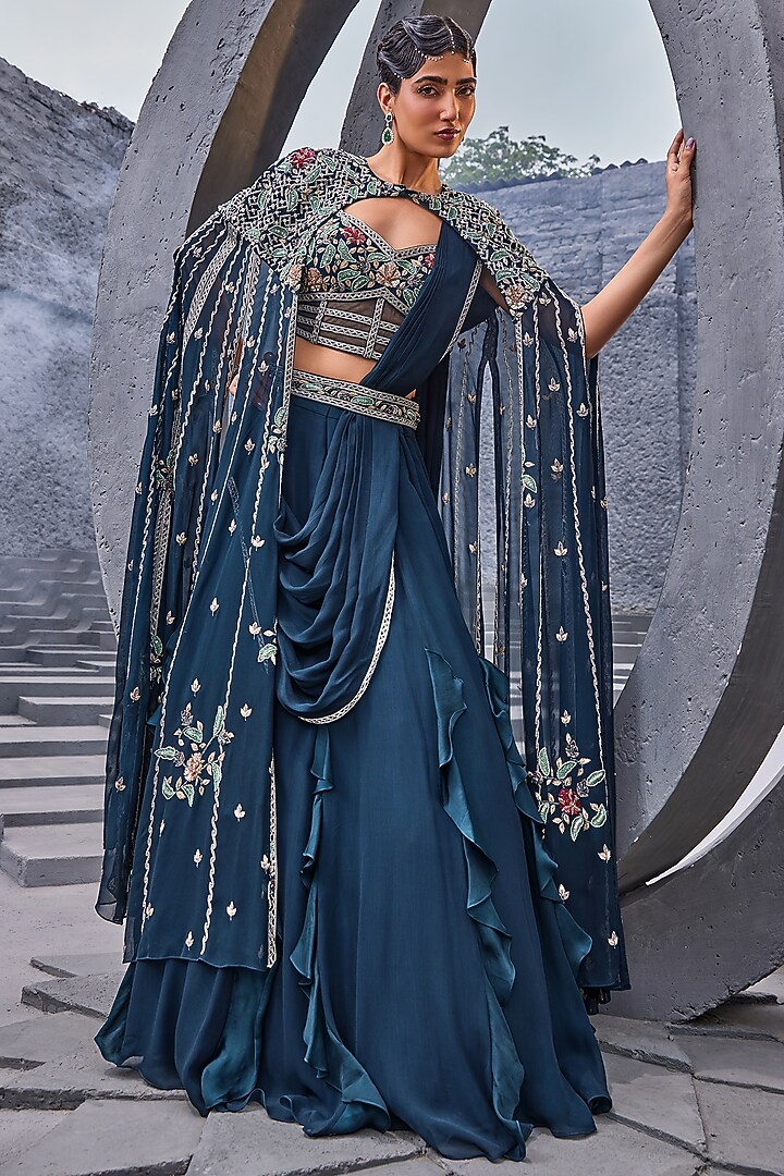 Black Georgette & Viscose Satin Organza Jacket Wedding Lehenga Set by Miku Kumar at Pernia's Pop Up Shop