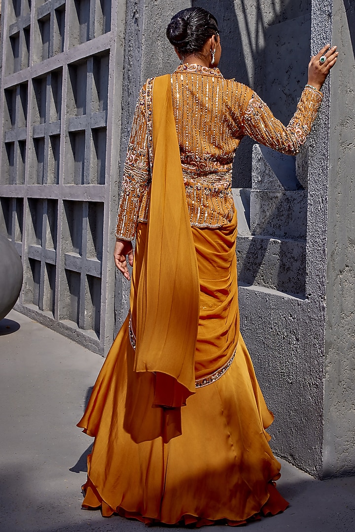 Rust Orange Georgette & Viscose Satin Organza Draped Reception Saree Set by Miku Kumar at Pernia's Pop Up Shop