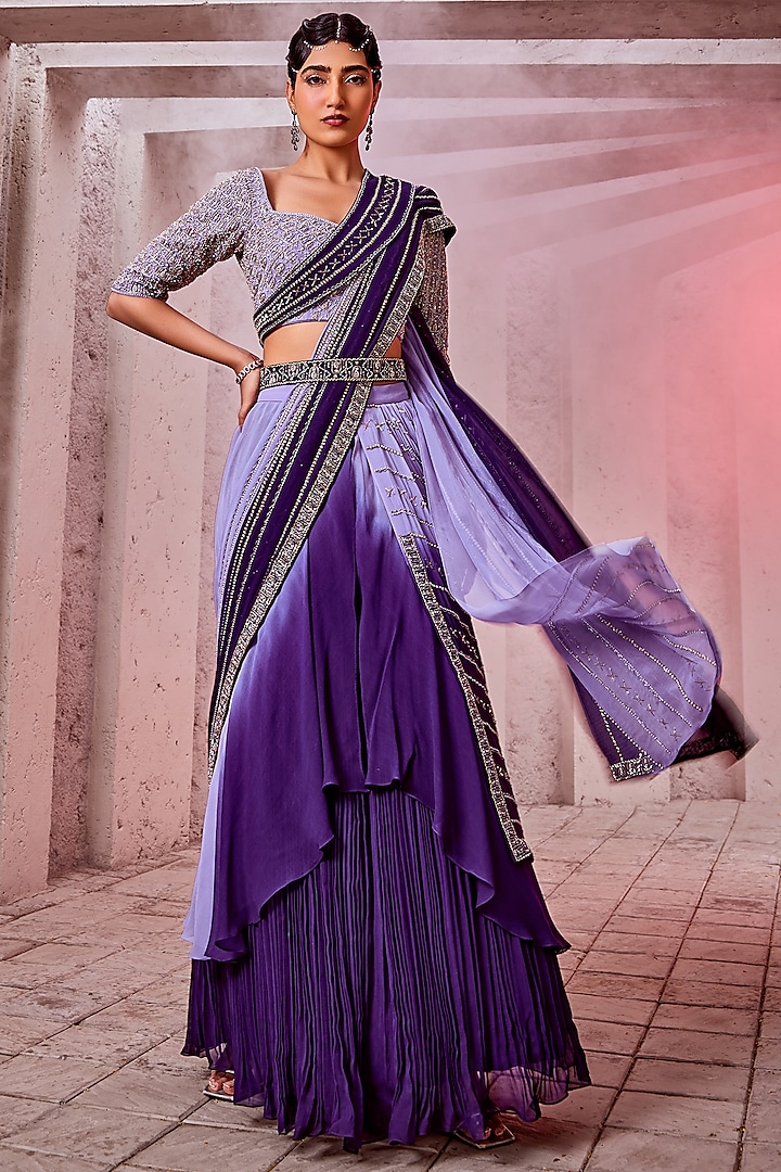 Purple & Light Blue Ombre Georgette & Silk Lehenga Saree Set by Miku Kumar