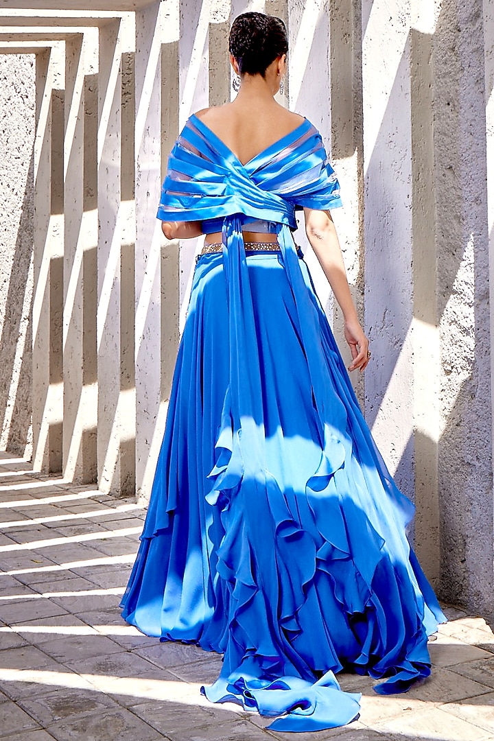 Blue Georgette & Net Embroidered Wedding Lehenga Set by Miku Kumar at Pernia's Pop Up Shop