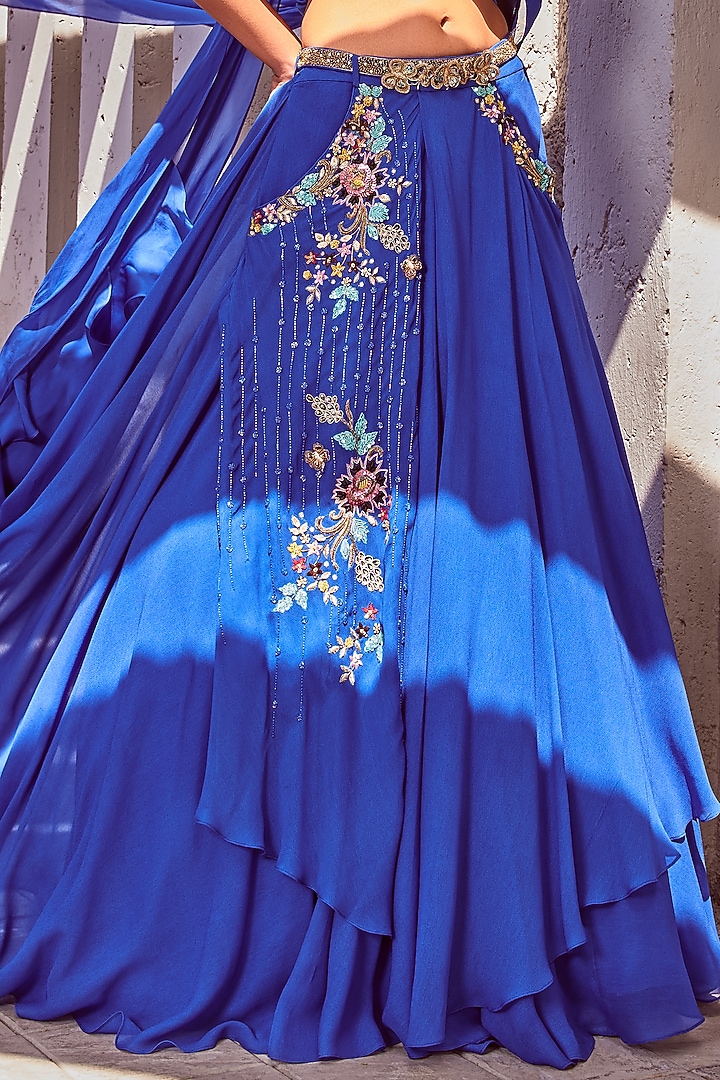 Blue Georgette & Net Embroidered Wedding Lehenga Set by Miku Kumar at Pernia's Pop Up Shop