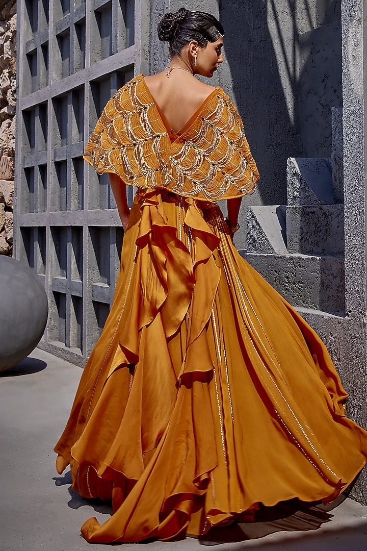 Orange Georgette & Lycra Embroidered Wedding Lehenga Set by Miku Kumar at Pernia's Pop Up Shop