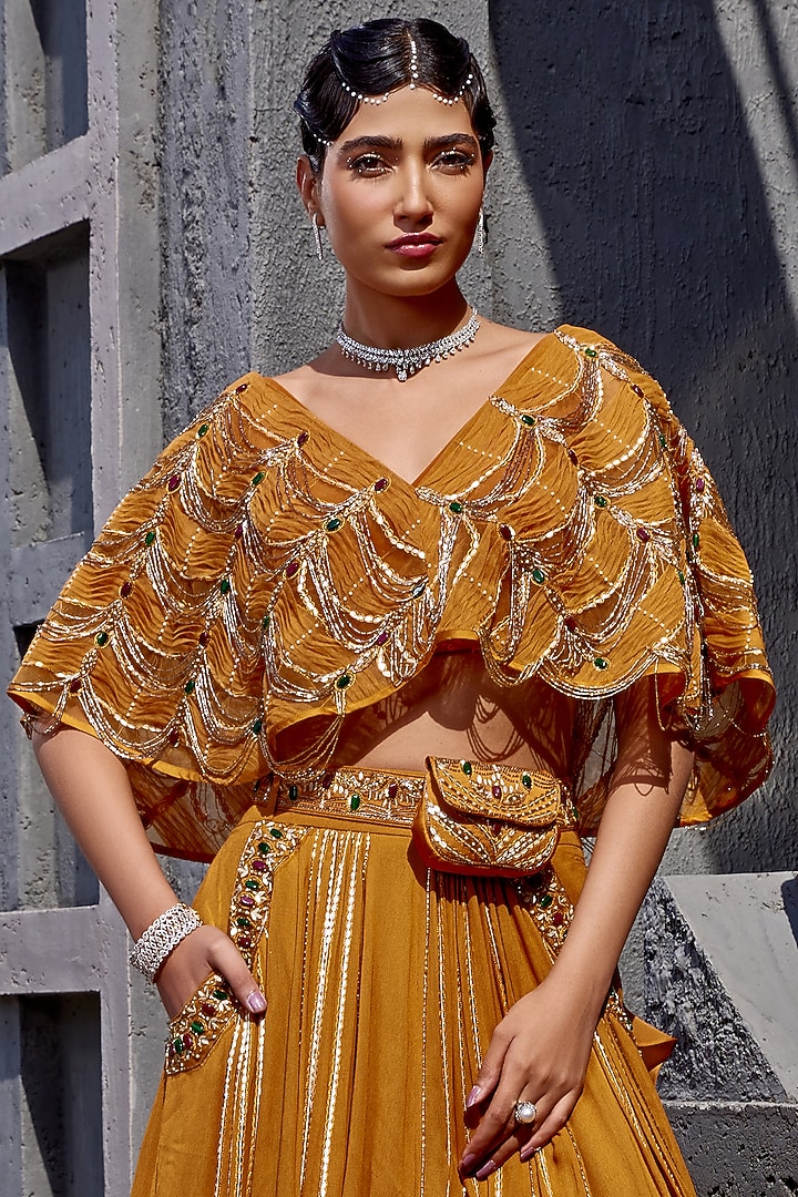 Orange Georgette & Lycra Embroidered Wedding Lehenga Set by Miku Kumar at Pernia's Pop Up Shop