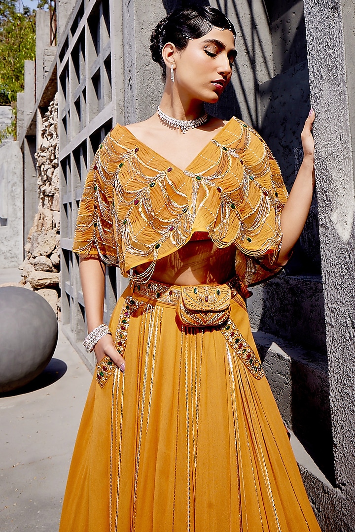 Orange Georgette & Lycra Embroidered Wedding Lehenga Set by Miku Kumar at Pernia's Pop Up Shop