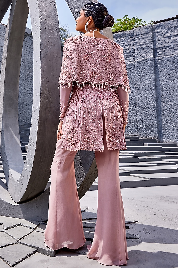 Pink Georgette Embellished Jacket Set by Miku Kumar at Pernia's Pop Up Shop