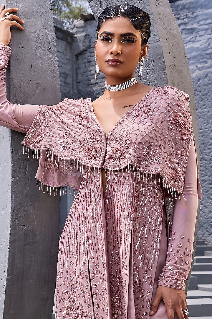 Pink Georgette Embellished Jacket Set by Miku Kumar at Pernia's Pop Up Shop