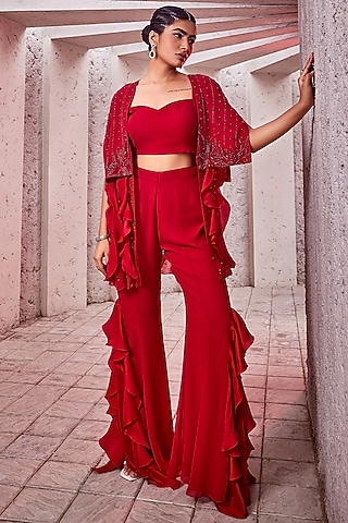 Red Georgette Ruffled Pant Set With Cape by Miku Kumar