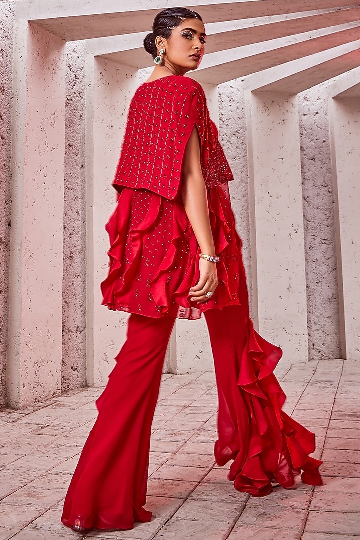 Red Georgette Ruffled Pant Set With Cape by Miku Kumar at Pernia's Pop Up Shop