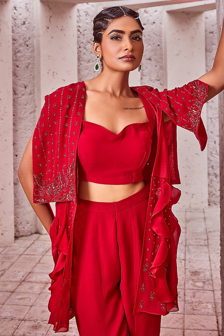 Red Georgette Ruffled Pant Set With Cape by Miku Kumar at Pernia's Pop Up Shop