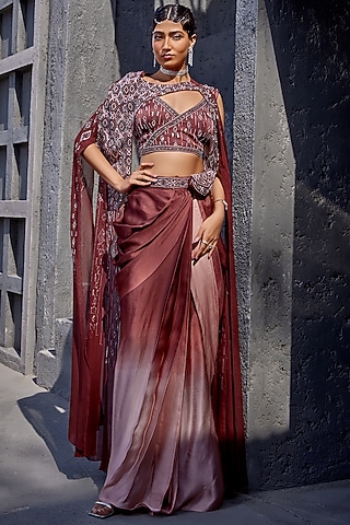 Brown & Peach Viscose Satin Organza Dhoti Skirt Set by Miku Kumar
