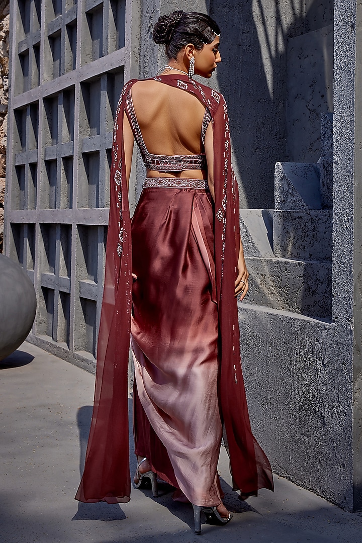 Brown & Peach Viscose Satin Organza Dhoti Skirt Set by Miku Kumar at Pernia's Pop Up Shop