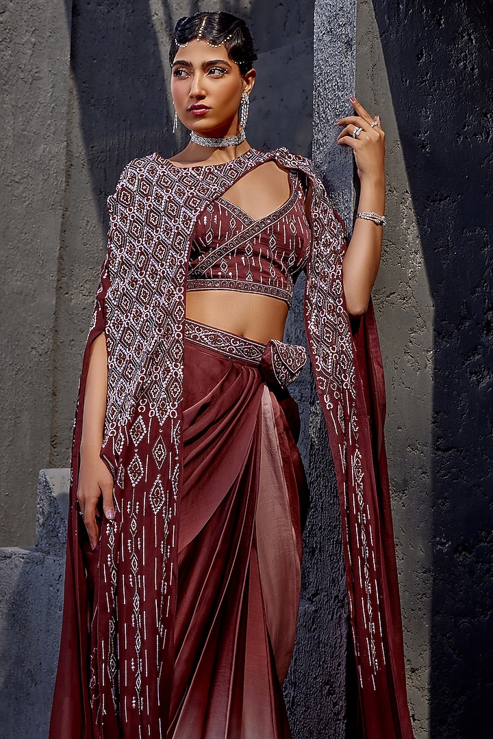 Brown & Peach Viscose Satin Organza Dhoti Skirt Set by Miku Kumar at Pernia's Pop Up Shop