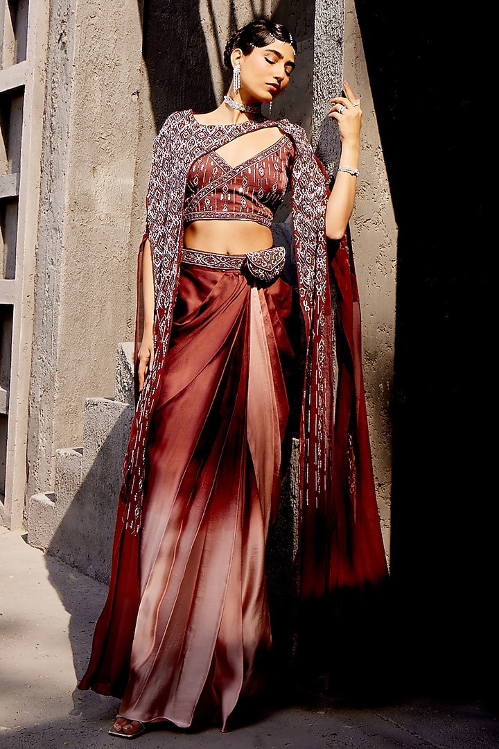 Brown & Peach Viscose Satin Organza Dhoti Skirt Set by Miku Kumar at Pernia's Pop Up Shop
