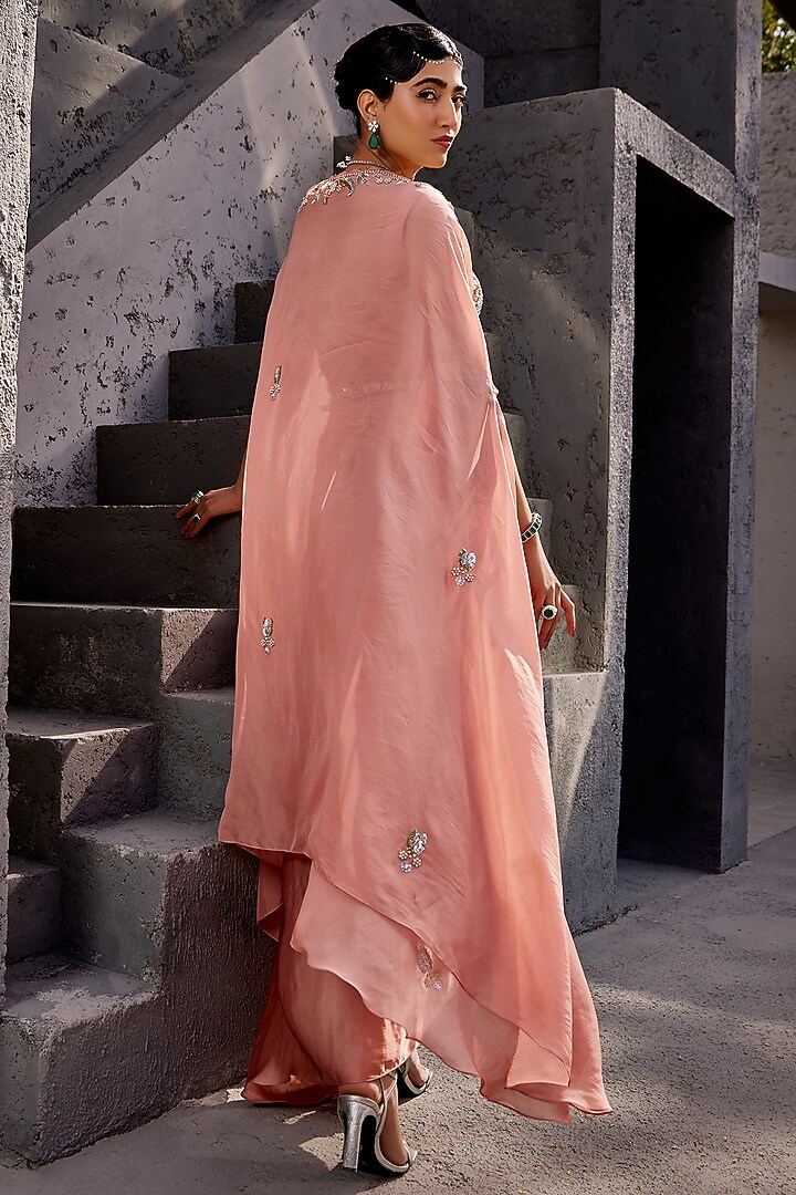 Peach Viscose Satin Organza Pleated Draped Skirt Set by Miku Kumar at Pernia's Pop Up Shop