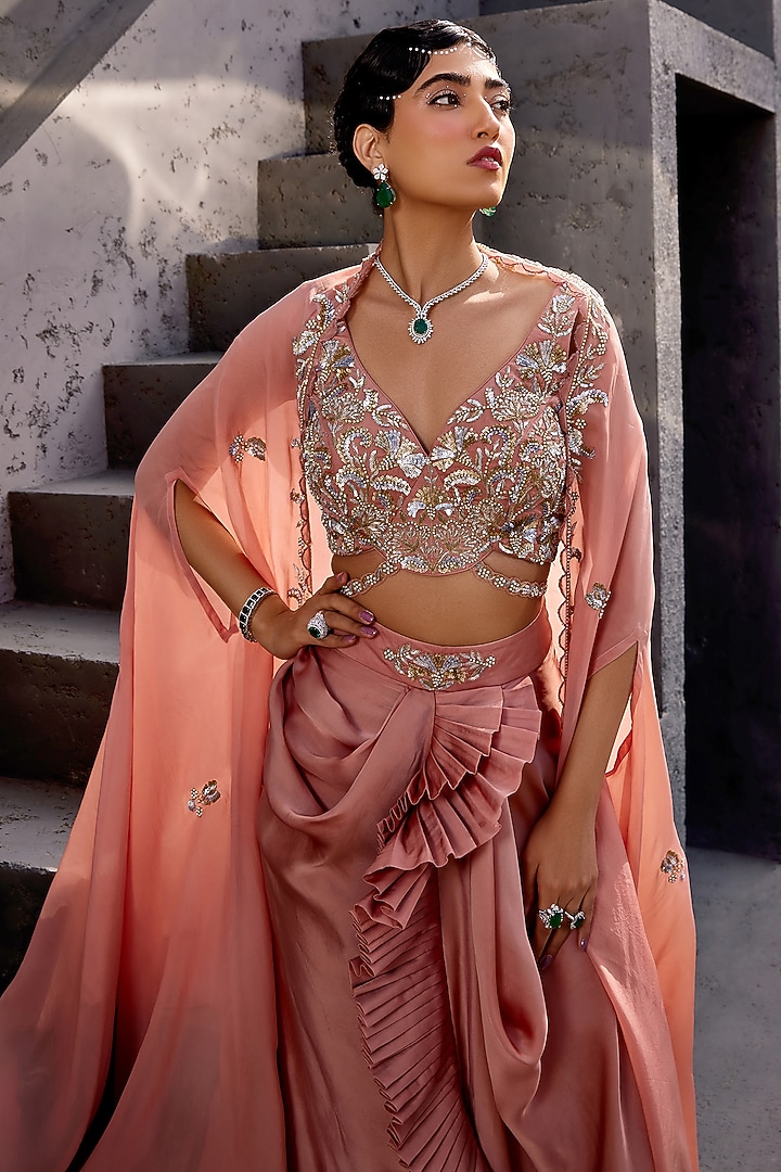 Peach Viscose Satin Organza Pleated Draped Skirt Set by Miku Kumar at Pernia's Pop Up Shop